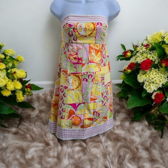 Lilly Pulitzer ✦ Strapless Patchwork Dress ✦ Pink Green Floral Stripe Cotton 2 - Picture 5 of 15